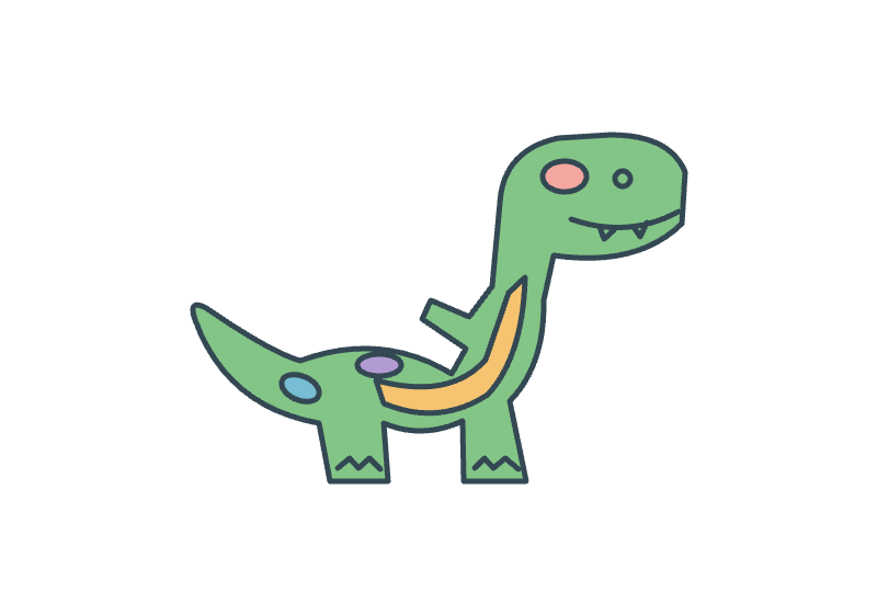 A colorful smiling T. rex with a yellow tummy.