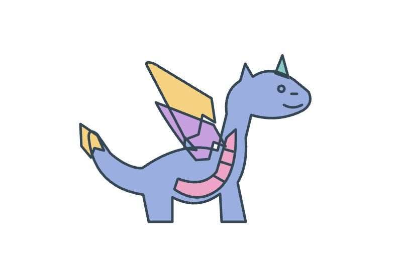 A friendly dragon colored in purple, pink, green and yellow.