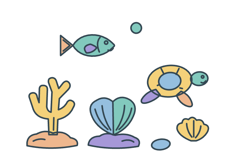A colored coral reef picture with a sea turtle, tropical fish, shells and coral.