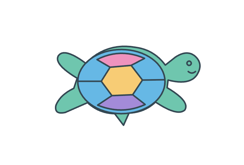 A sea turtle colored in bright green, blue and pink.